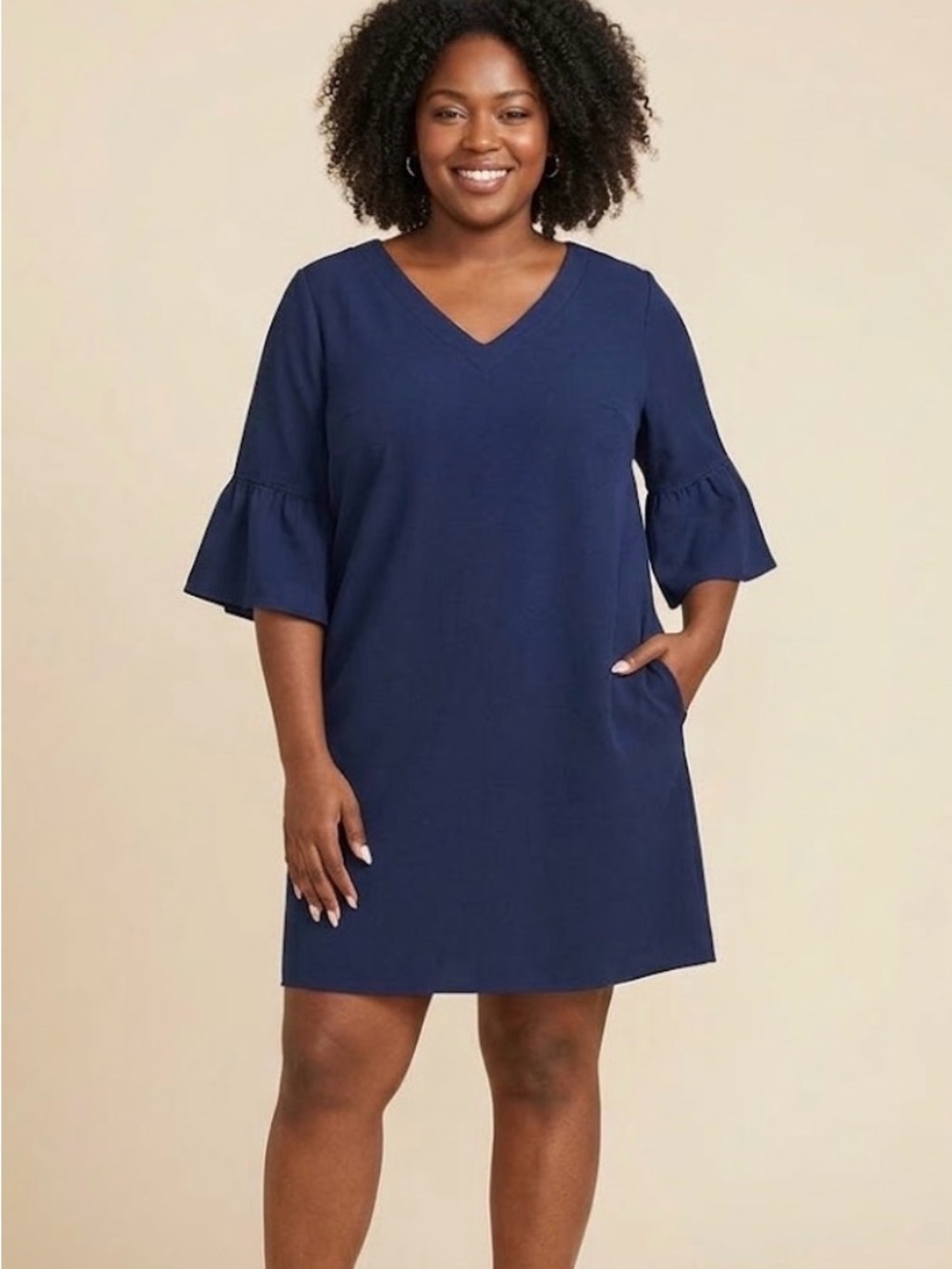Women’s Navy Blue Elbow Bell Flare Sleeve Mini Dress Size 16 XXL